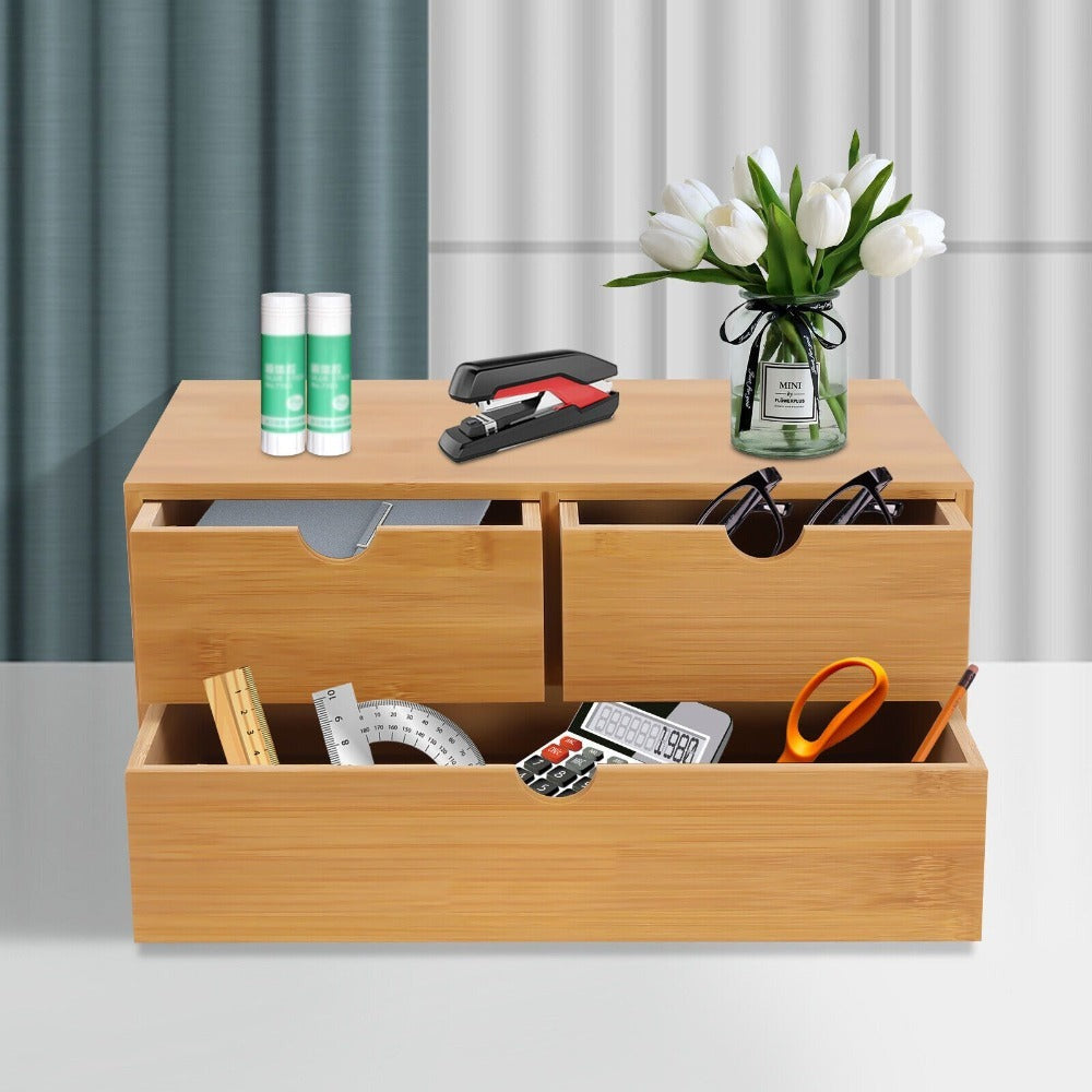 Organizador de escritorio de bambú, caja de organización de almacenamiento de mesa, almacenamiento de escritorio para clasificar y almacenar sellos, notas adhesivas, tijeras, facturas, bolígrafos, lápices, etc. (2 cajones superiores, 1 cajón inferior)