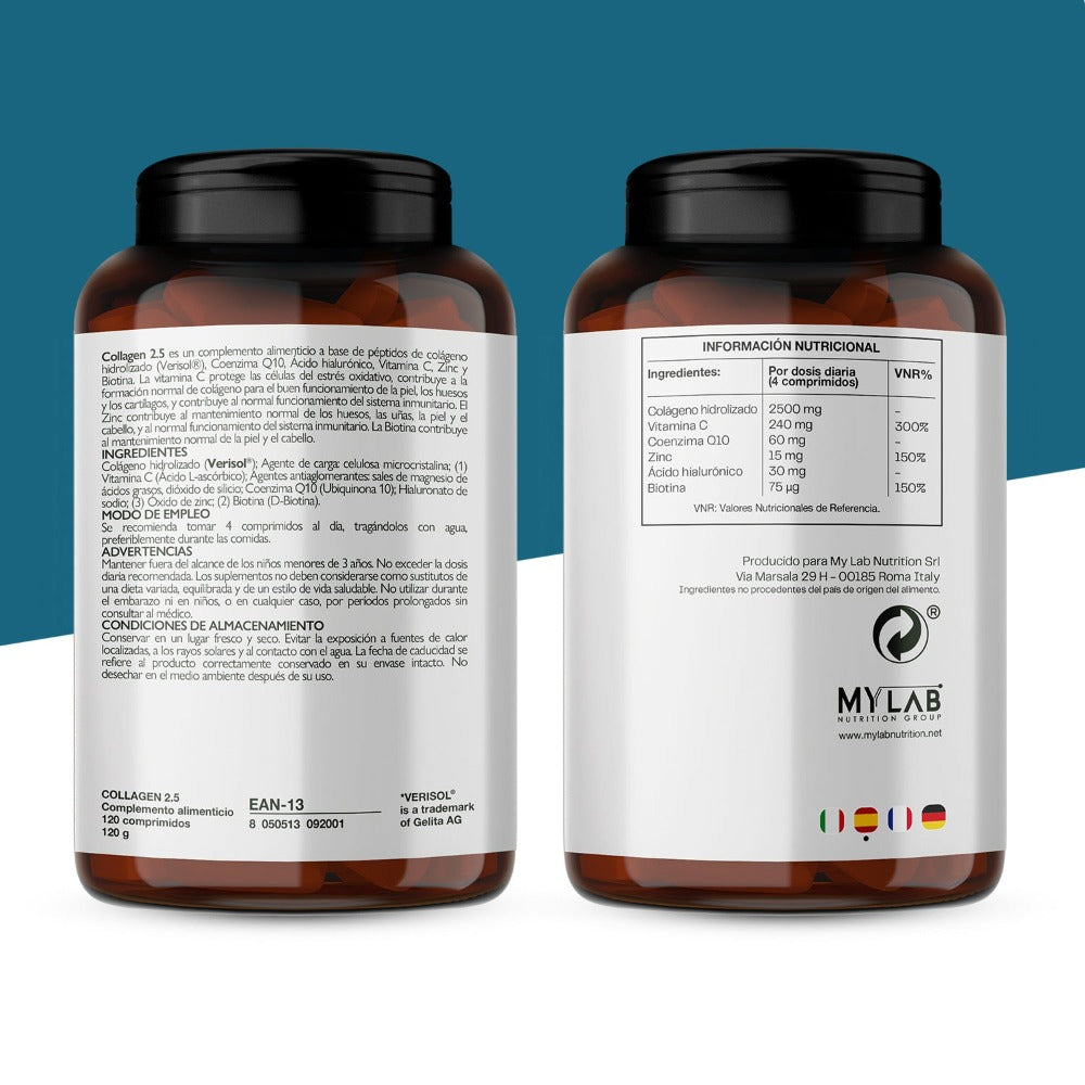 Collágeno Hidrolizado Verisol® 2500 mg + Ácido Hialurónico + Coenzima Q10 - Suplemento para Piel, Cabello y Huesos con Biotina, Zinc y Vitamina C - 120 comprimidos, Nutracle