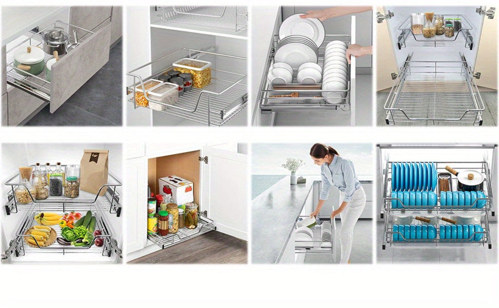 2 cajones telescópicos para cajones de cocina para estantes de cocina Plata Acero inoxidable macizo Tirador para armario extraíble Armario de cocina