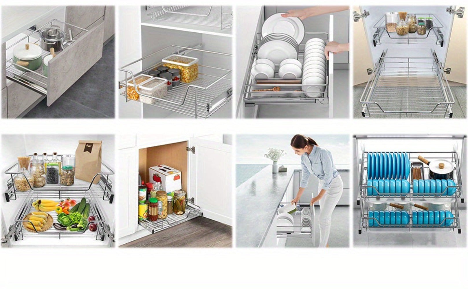 2 cajones telescópicos para cajones de cocina para estantes de cocina Plata Acero inoxidable macizo Tirador para armario extraíble Armario de cocina