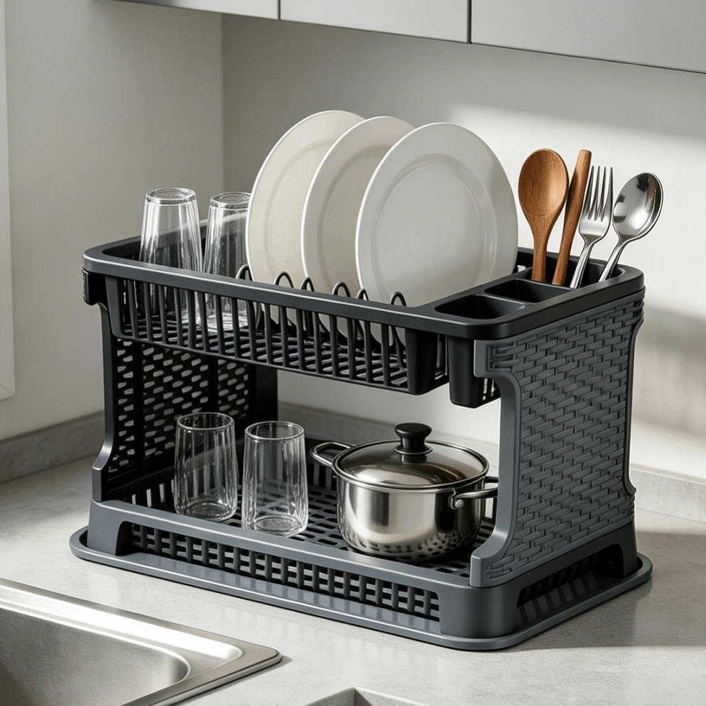 Escurridor de platos plegable de gran capacidad con bandeja de goteo, secador de platos