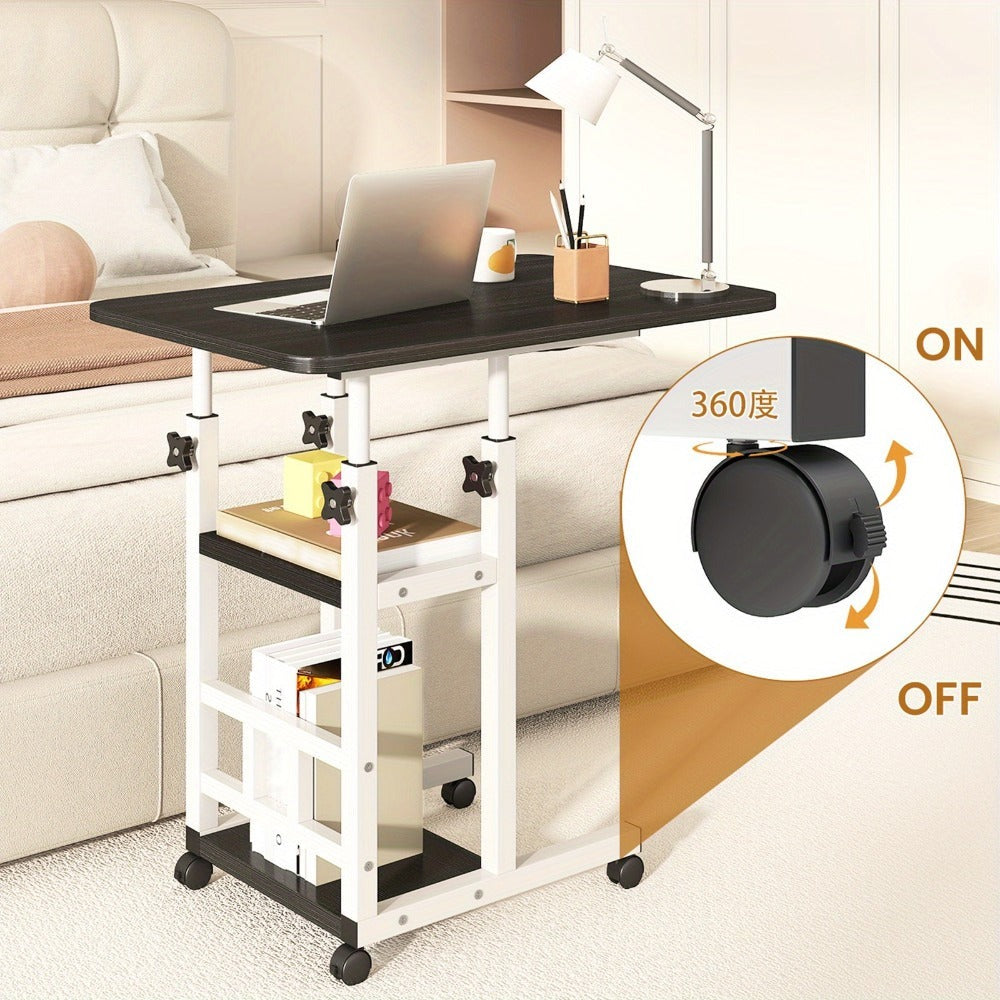 Escritorio Portátil de Madera Moderno con Altura Ajustable y Almacenamiento Multinivel - Estación de Trabajo para Hogar Ahorradora de Espacio con Ruedas, Soporte para Laptop y Función de Mesita de Noche Ideal para Trabajadores Remotos