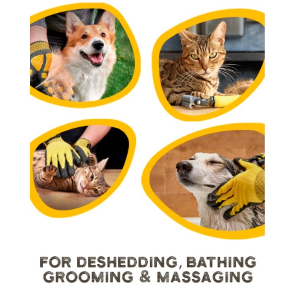 Guantes para baño y aseo de mascotas - Guantes para deshacer pelaje aptos para mascotas con pelo largo y corto, eficaces para eliminar el pelo de gatos, perros y caballos (Amarillo)