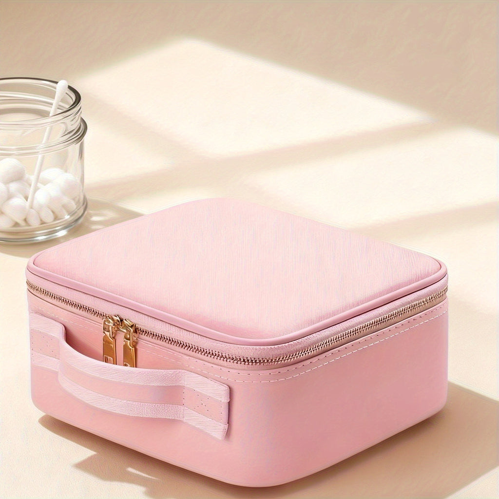Esta extra grande bolsa de maquillaje viene en rosa y negro, con espejo y ofreciendo amplio espacio para cosméticos. Su diseño elegante la hace ideal tanto para maquilladores profesionales como para uso personal.