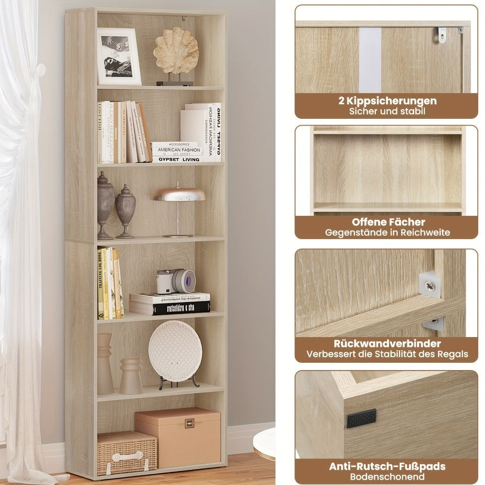 Estantería Ajustable de 6 Niveles | Estante de Almacenamiento Independiente Abierto, Estante de Partición, Adecuado para Oficina y Estudio, Roble Claro y Blanco, Dimensiones: 60x180x23.5 cm, Independiente, Requiere Montaje