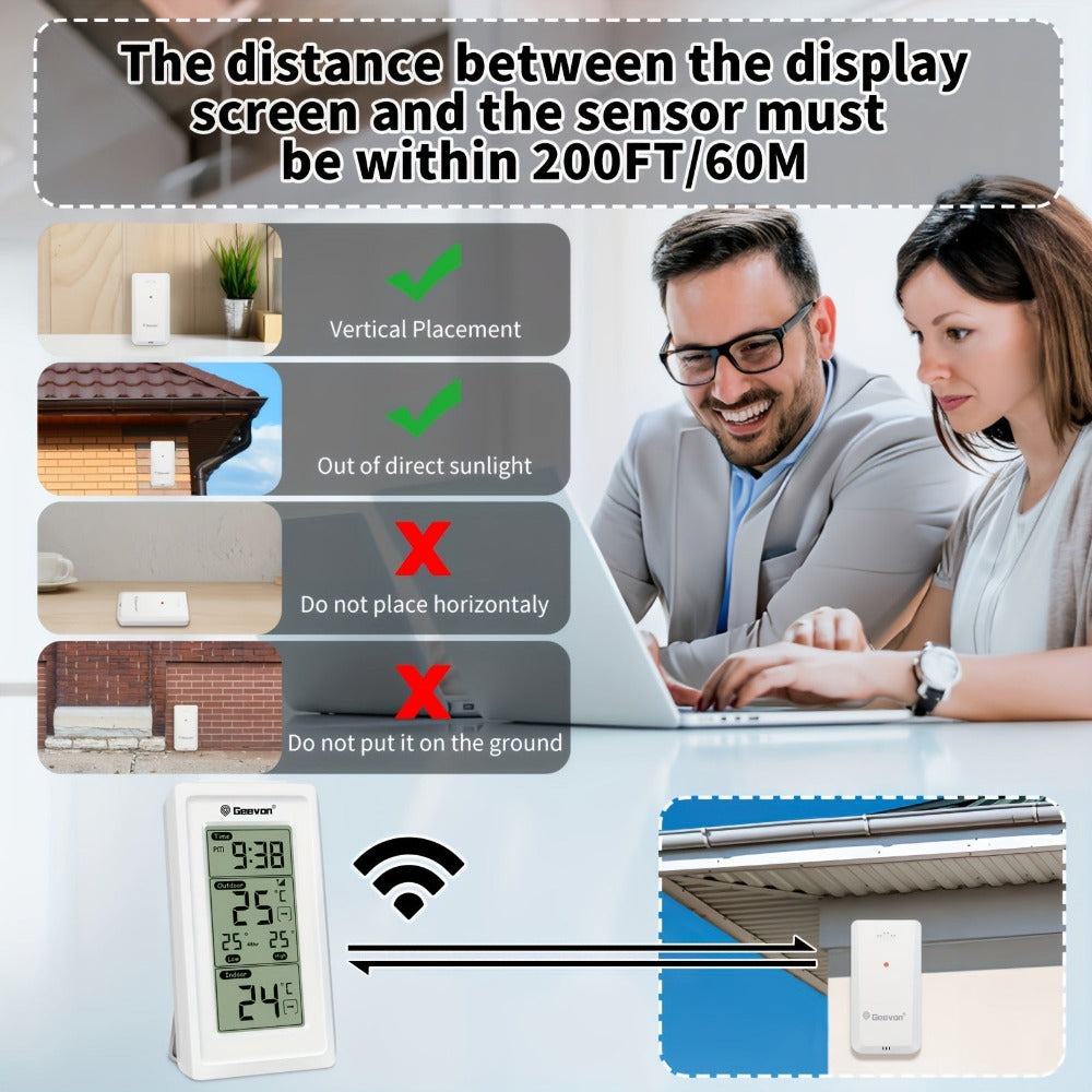 1 pieza GEEVON Medidor de temperatura sin varillas digital para interior y exterior con hora, máxima, mínima, monitor de temperatura con medición de 200 pies/60 m, medidor de temperatura ambiente sin batería, servidor sin función de transmisión