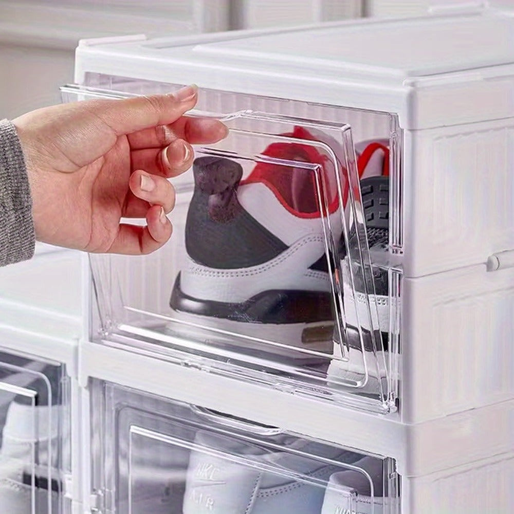 Cajas de zapatos apilables, contenedores de almacenamiento de plástico grueso de 6/9 niveles – Estante de zapatos plegable y abatible con diseño de tapa abatible, no requiere montaje, diseño vertical que ahorra espacio, apto para zapatillas/botas/tacones