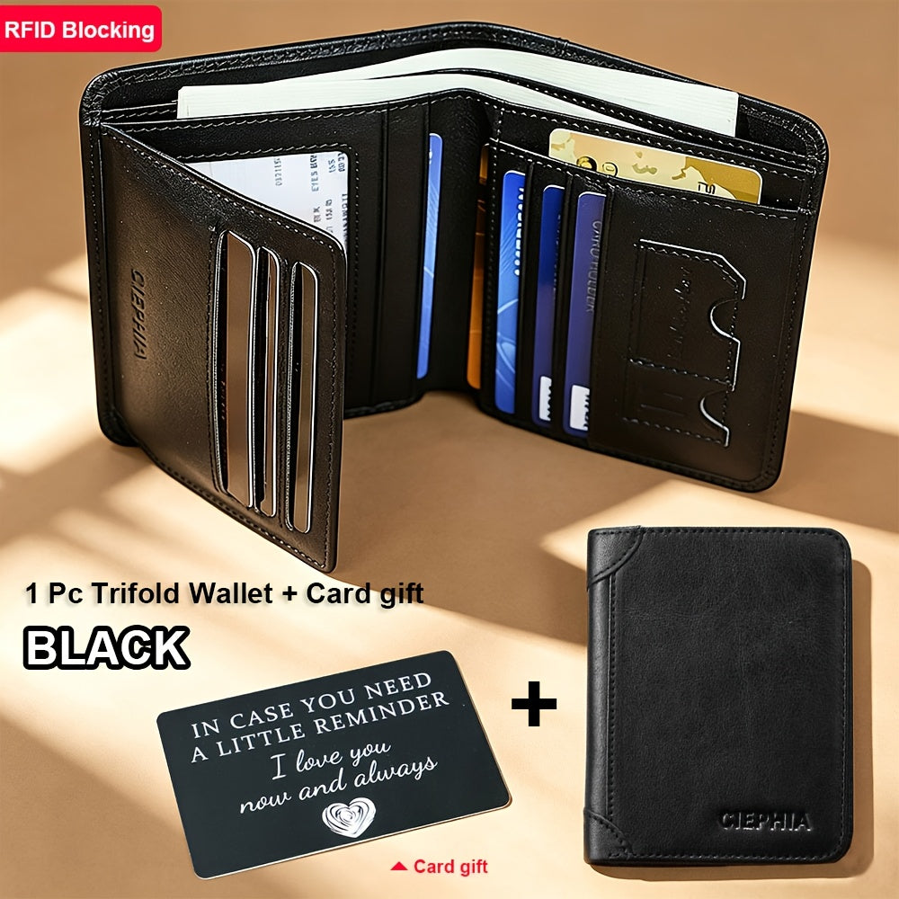 Cartera de Cuero Genuino para Hombre con Juego de Tarjetas de Bendición, Bloqueo RFID, Ultra Delgada, Piel de Vaca de Primera Calidad, Porta Tarjetas de Identificación y Crédito Multifuncional Compacto, Regalo para Navidad, Día de San Valentín y Día del P