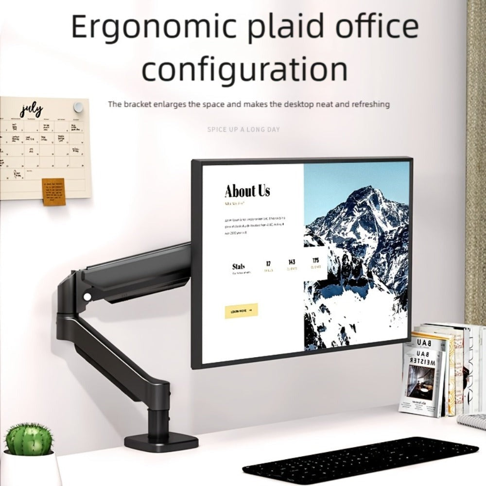 Soporte de brazo único para monitor de TV/computadora, diseño ergonómico, inclinación y rotación bidireccionales, altura ajustable, de acero, incluye 3 destornilladores portátiles.