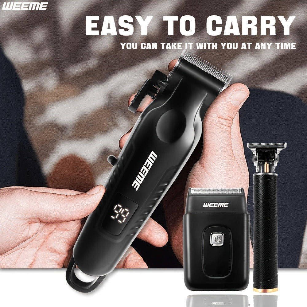 Kit de aseo eléctrico WEEME para hombre, , 3 piezas - Cortapelos + Recortador de barba + Máquina de afeitar eléctrica, carga USB, pantalla LCD de nivel de batería, ideal para peinado/afeitado/esculpir, uso en casa y viajes familiares en coche, regalo del