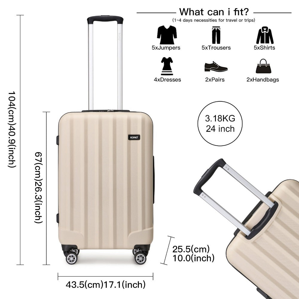 3 piezas de conjunto de maleta de cabina Beige ABS carcasa dura Carry On Trolley Case equipaje de mano ligero con 4 ruedas y cerradura de combinación