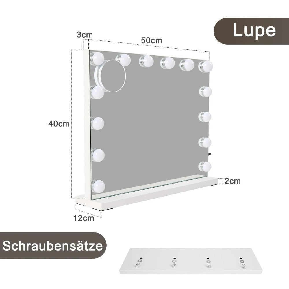 Espejo de maquillaje Hollywood con iluminación - Espejo de tocador con 14 luces LED, puerto USB, espejo cosmético de 50x40 cm - Espejo de tocador táctil regulable con 3 modos