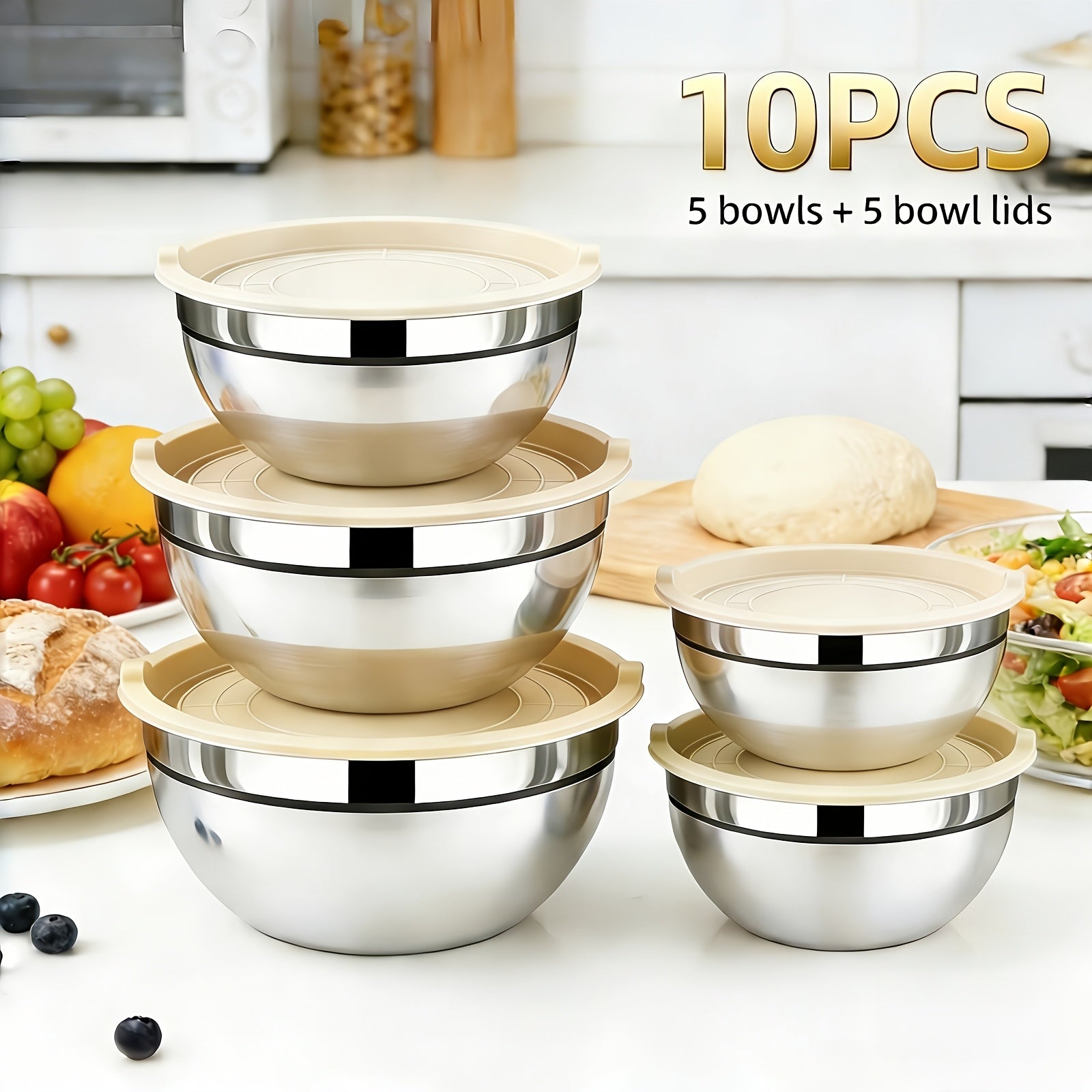 Juego de 22 piezas/10 piezas de ensaladeras avanzadas de acero inoxidable con tapa, base de silicona mejorada, grupo de ensaladeras apilables, aptas para lavavajillas, 5L, 4.5L, 4L, 2.4L, 1.7L, 1.3L, 0.8L, paquete mixto, ensaladeras para preparación de co