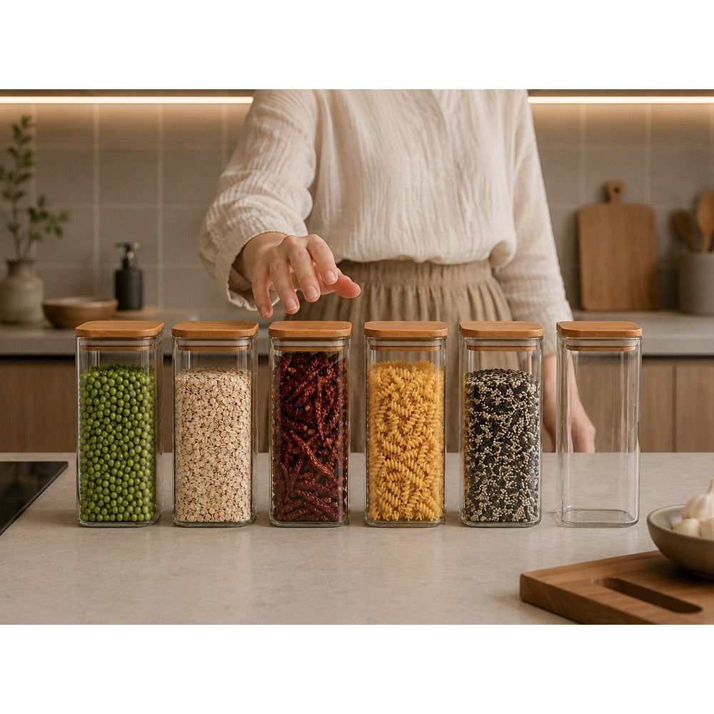 Set de recipientes grandes de vidrio para almacenamiento de alimentos, 4pza.s, 1000Ml | Tarros de cocina altos con tapa de bambú natural y sello de silicona | Contenedores de organización de cocina y despensa para productos secos, espagueti, arroz y cerea