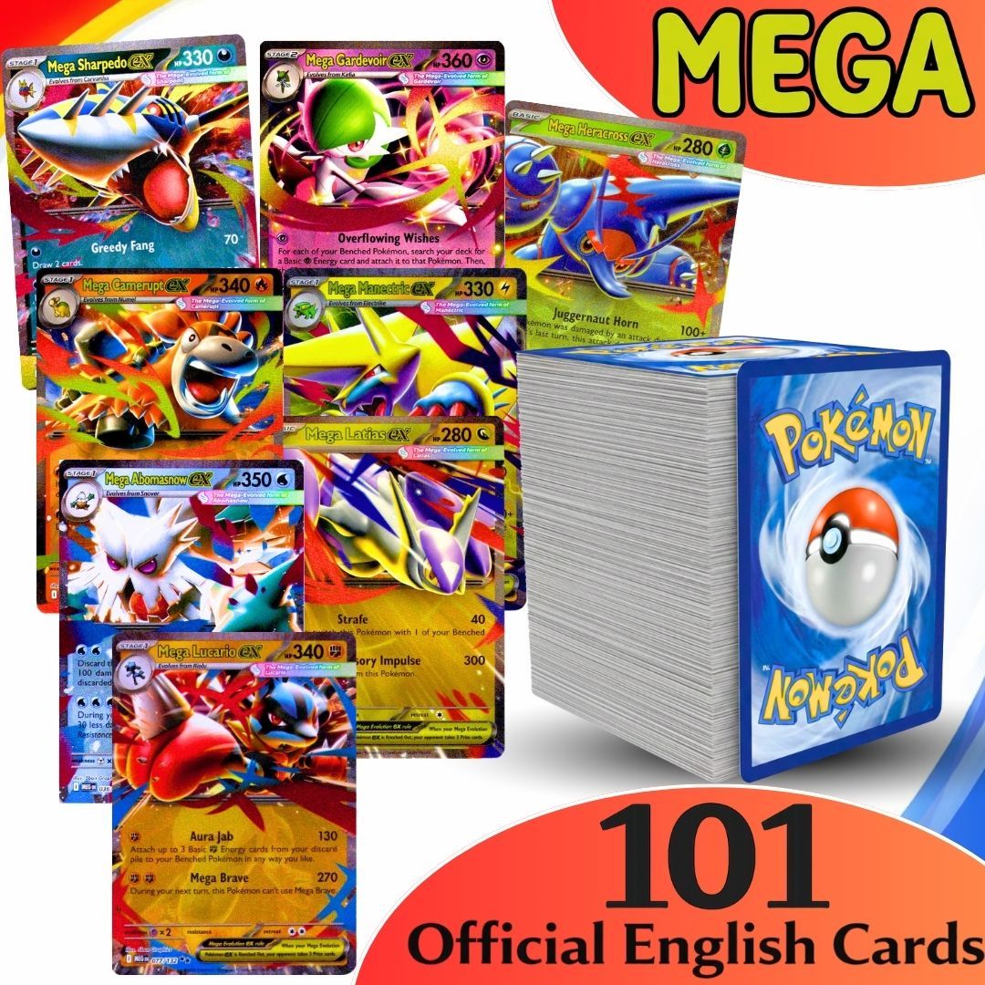 Mega Pack Pokémon: 101 Cartas Coleccionables Pokémon - 1 Mega EX 100% Garantizado Incluido - VERSIÓN EN INGLÉS - Mega Pack Raro / Gran Valor