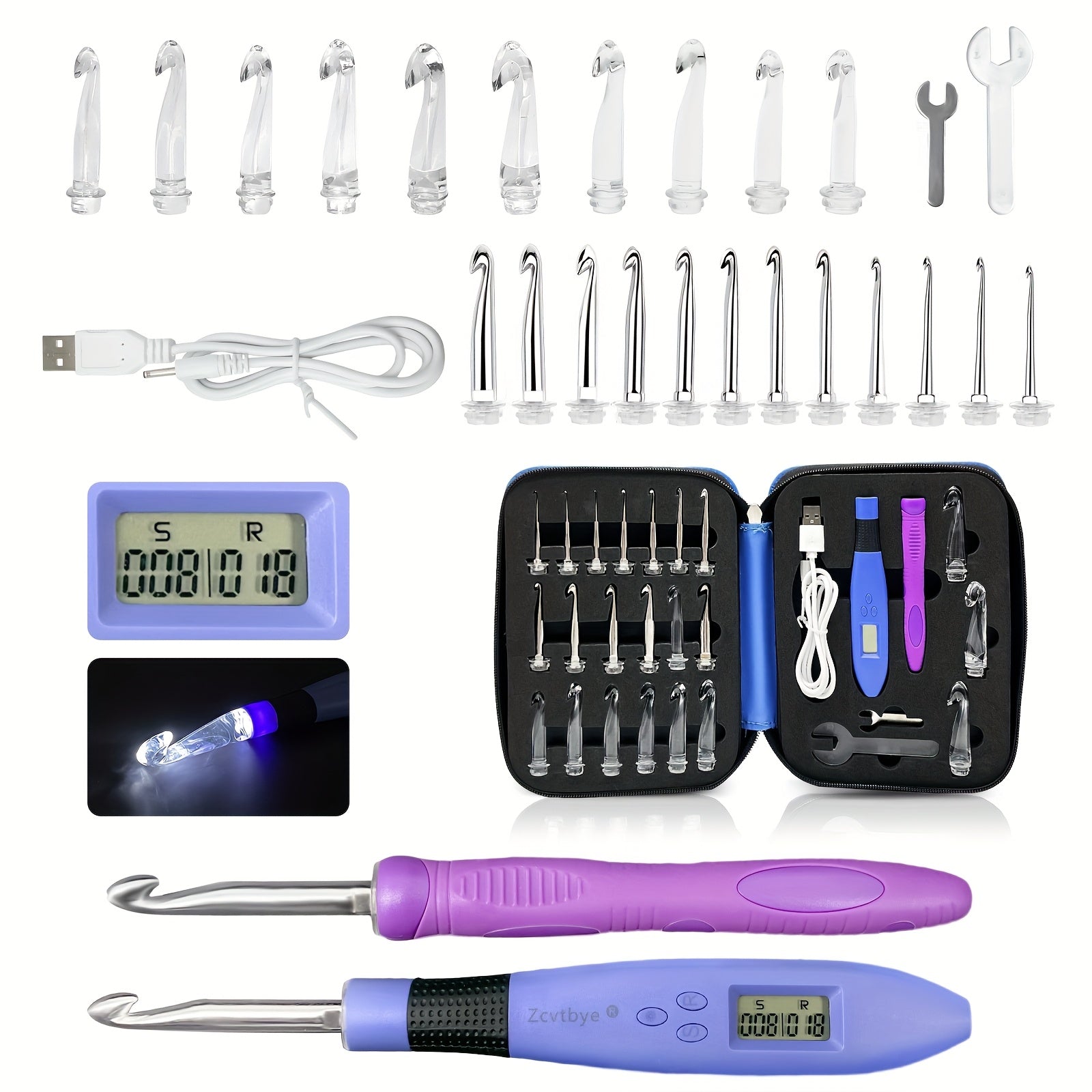 Juego de Ganchos para Crochet con Contador y Luz LED, 18 en 1, Incluye Llave Grande/Pequeña, Mango Extra y Bolsa de Almacenamiento, Ideal para Tejer y Crochet
