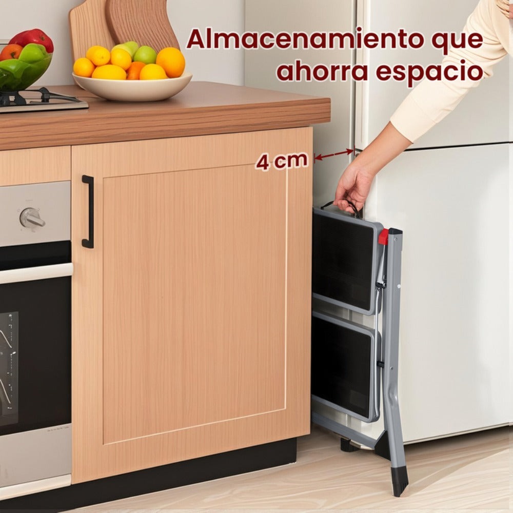 Escalera con goma antideslizante y asa, escalera plegable de 2 escalones, ancho de peldaño 20 cm, carga 150 kg, acero, gris y negro