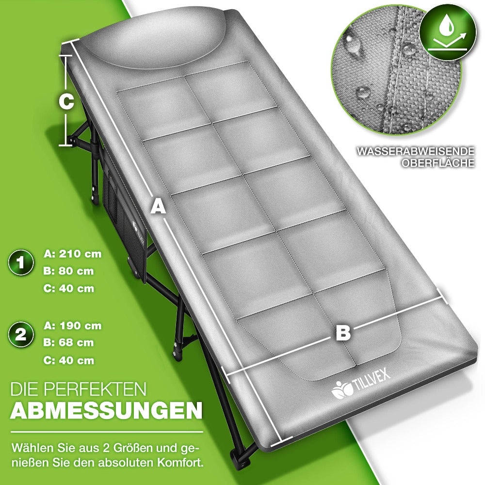 Tillvex® Cama Plegable para Camping con Bolsa de Transporte, Soporta Hasta 200 kg, Cama Extra Ancha para Camping, Cama de Campaña, Cama de Pesca para Uso en Exteriores e Interiores, Cama Plegable para Invitados, Portátil para Jardín, Camping, Pesca, Festi