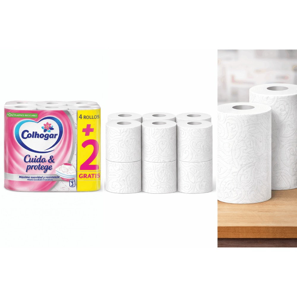 Papel Higiénico Colhogar Cuida & Protege – 3 Capas, Pack 4+2 Rollos (6 Rollos)