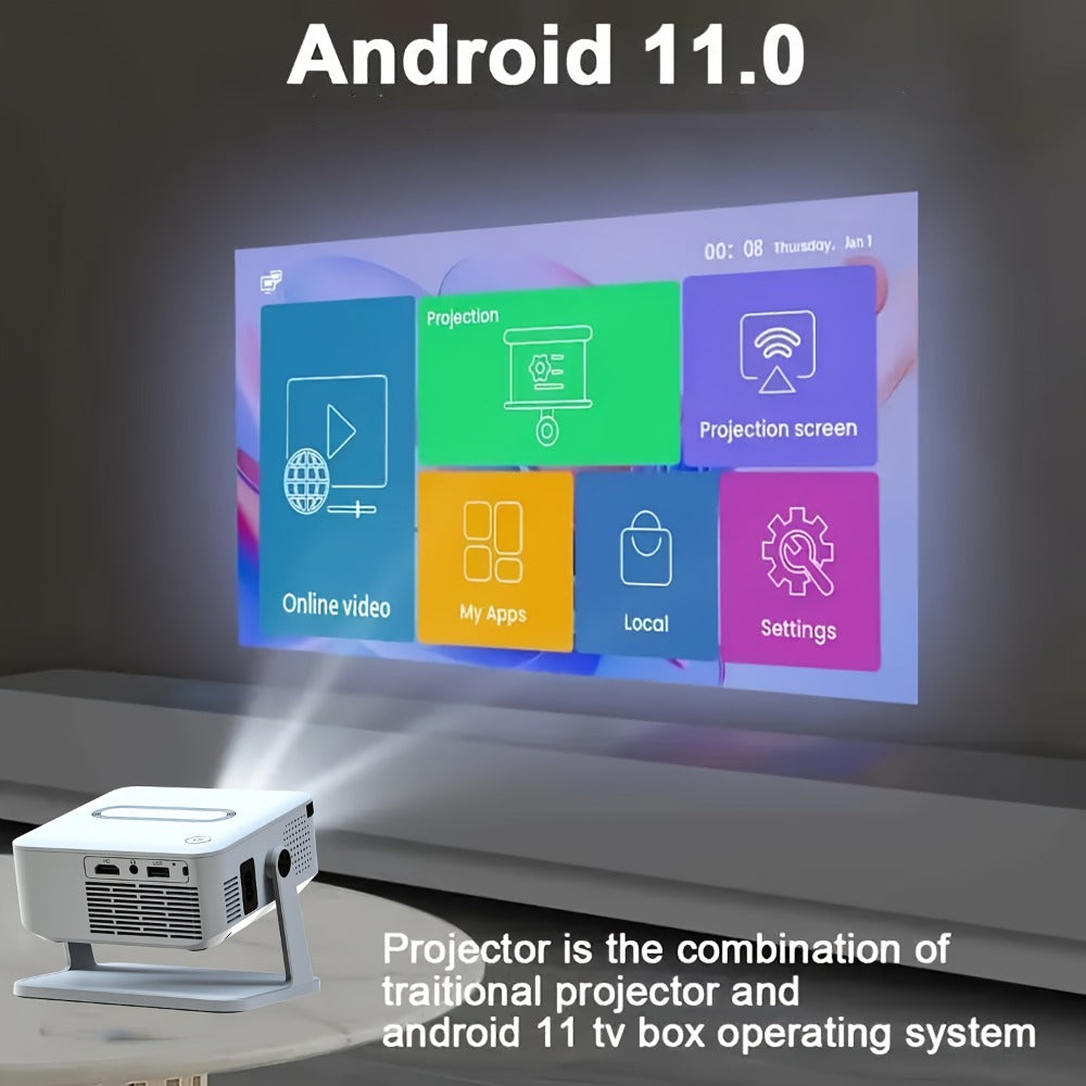 Proyector Portátil Inteligente con Android 11 Integrado, WiFi y Bluetooth 5.0, Control por Voz, 130 Lúmenes, Soporte 4K y 720P Nativo, Compatible para Cine en Casa, Proyector para Cama, Oficina, Proyector Portátil