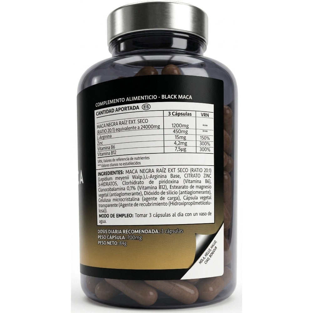 HN Maca Negra Andina en Cápsulas con Vitaminas B6, B12 y Zinc – Suplemento Alimenticio para Adultos, Formato de 50 Cápsulas Vegetales