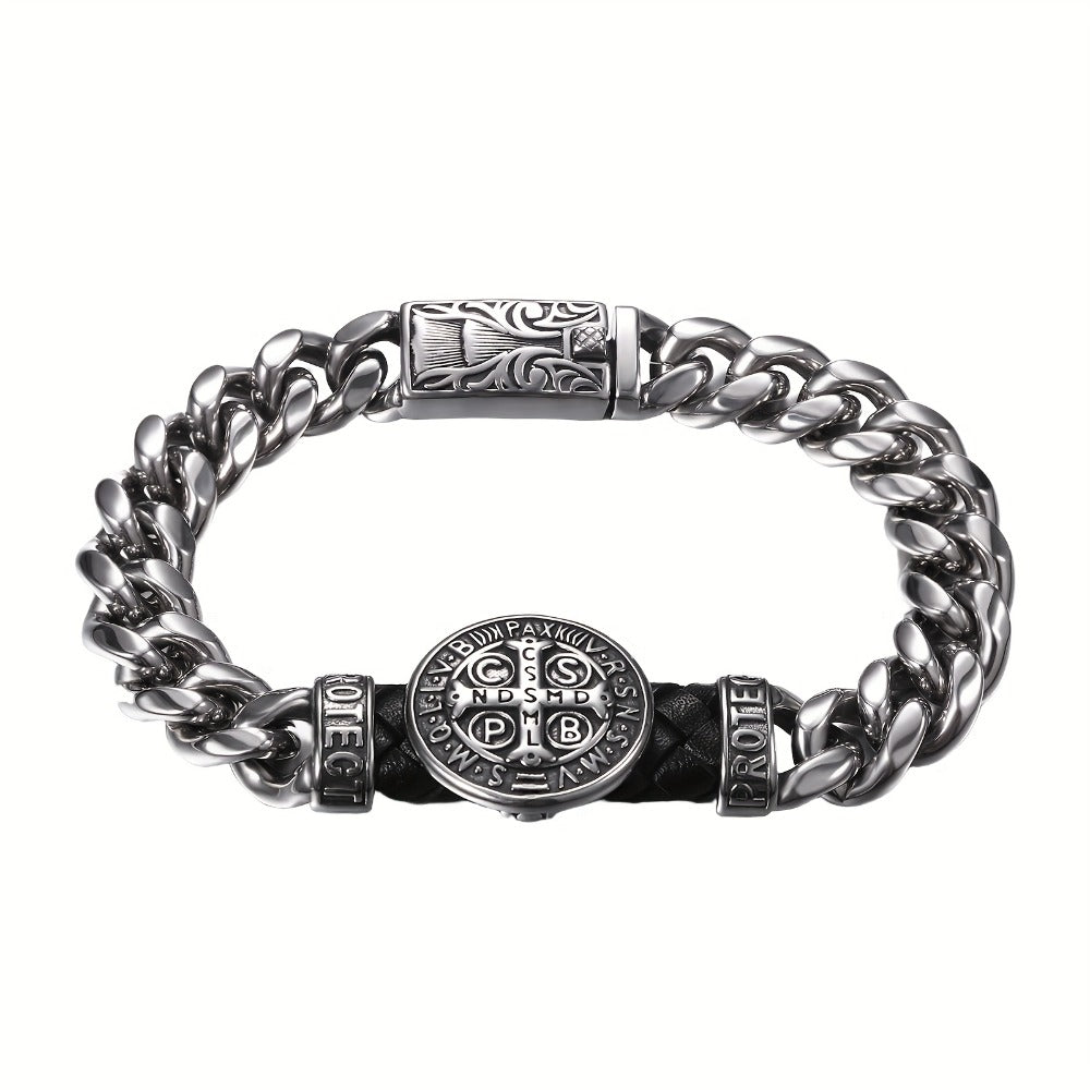 Correa de San Benito: Cadena Cubana de Acero Inoxidable de 9 Pulgadas con Medalla de San Benito - Correa Católica para Hombres, Cadena Pesada Plateada Estilo Biker