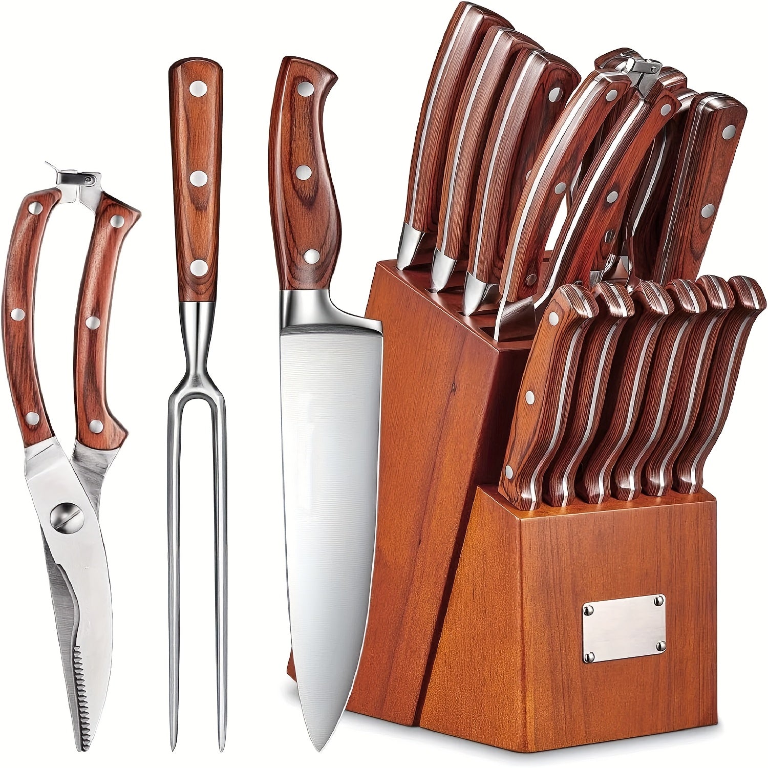 16 piezas de complementos de cocina, juego de cocina, artículos de cocina, con mango de madera, juego de acero inoxidable con bloque de madera, electrodomésticos y complementos de cocina profesionales con acero de afilar, regalo de Navidad ideal para madr