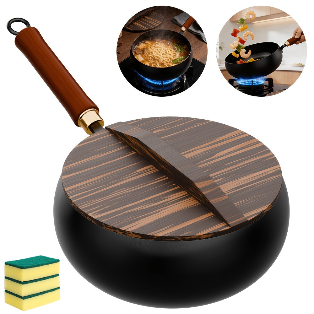 Sartén de hierro fundido duradera, fondo redondo, sartén de hierro forjado sin recubrimiento, fácil de limpiar, apta para estufas de inducción y gas, utensilios de cocina multifuncionales, apta para el hogar, restaurante y camping al aire libre, incluye t