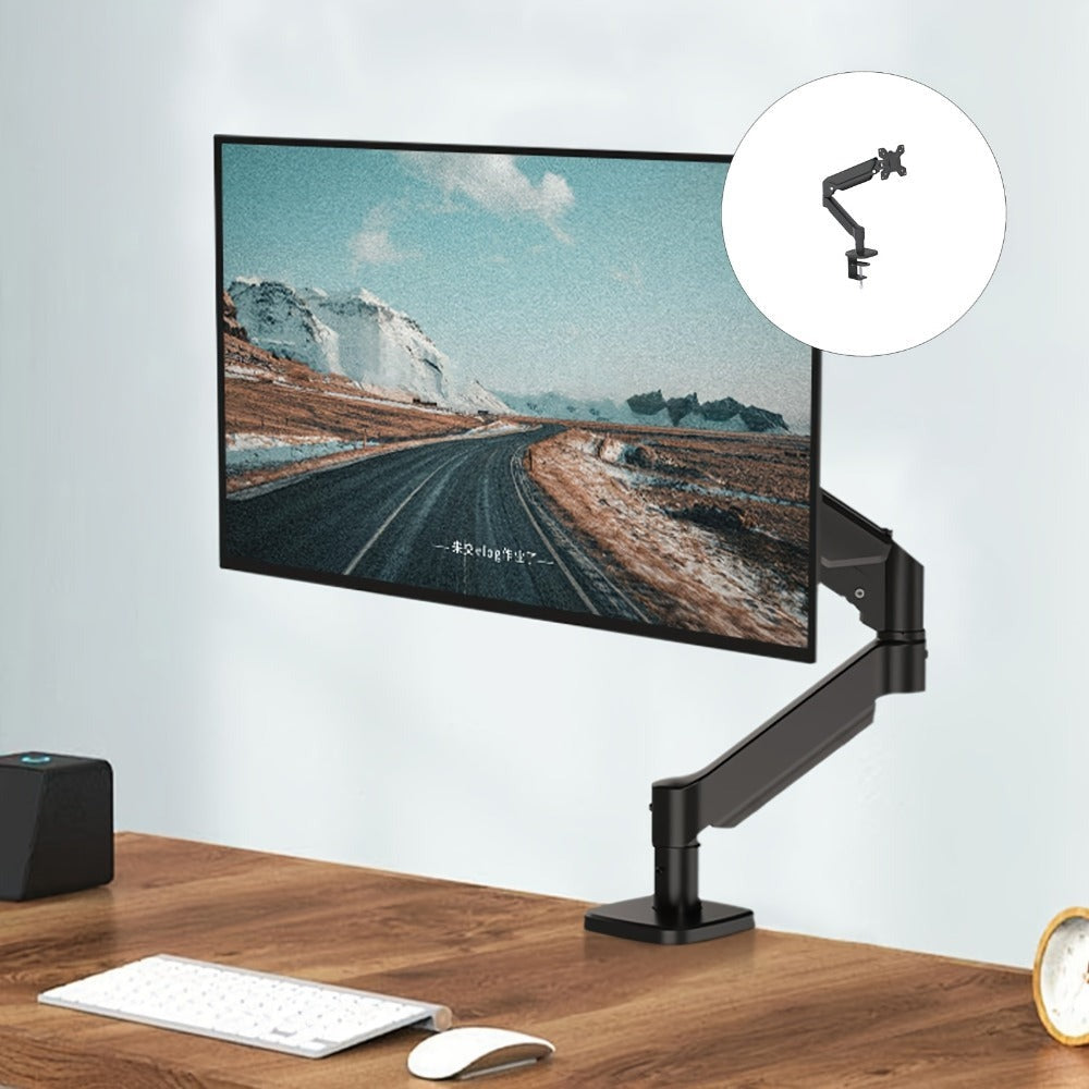 Soporte de brazo único para monitor de TV/computadora, diseño ergonómico, inclinación y rotación bidireccionales, altura ajustable, de acero, incluye 3 destornilladores portátiles.