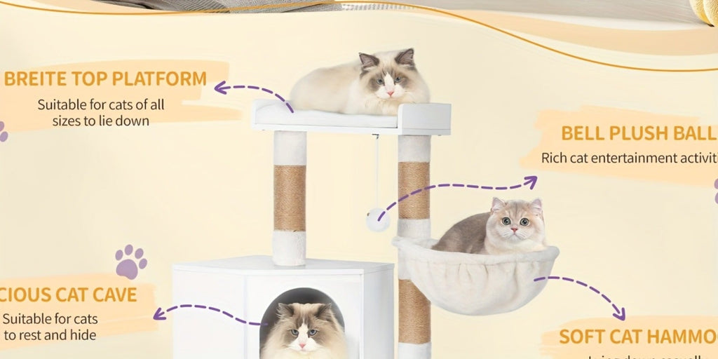 Árbol para Gatos con Gabinete para Caja de Arena, Gabinete para Gatos, Casa Moderna para Gatos 4 en 1 con Plataforma Grande, Casa para Gatos con Rascador de Sisal, Postes, Escaleras y Pompón, Cojines Lavables, Marfil Claro/Blanco