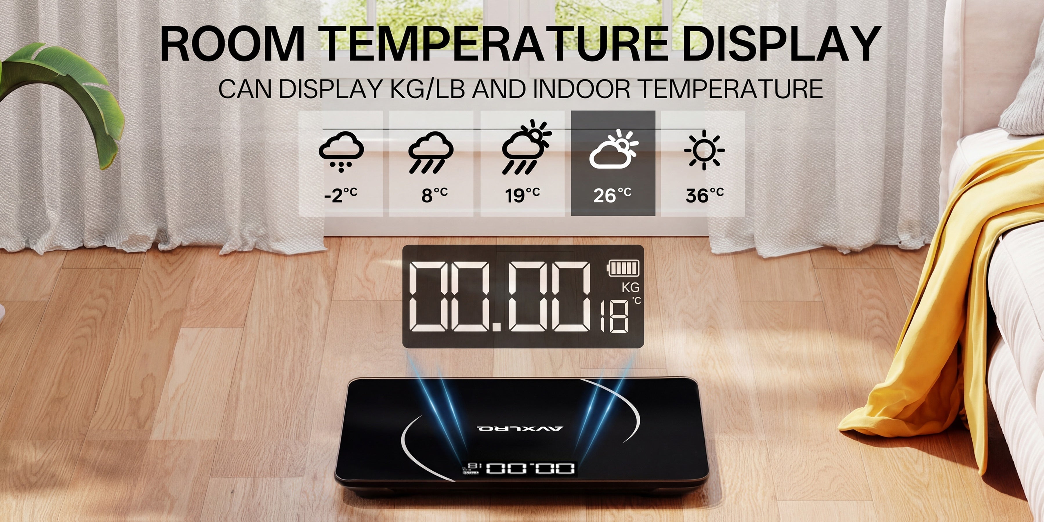 Báscula de baño de alta precisión, báscula electrónica de cuerpo con pantalla LCD ultradelgada con visualización de temperatura, inicio automático al pesar, pesaje hasta 180 kg, cambio de unidad LB/KG, diseño de plataforma de vidrio templado antideslizant