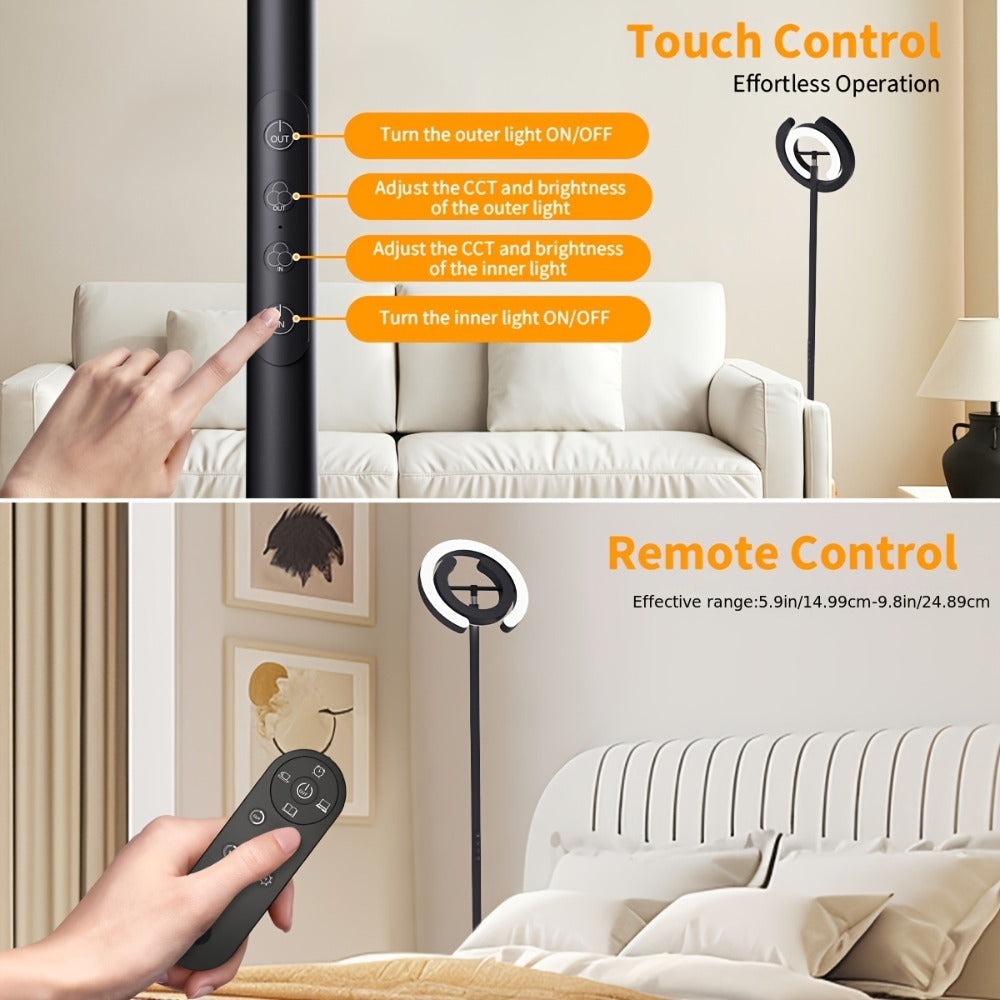 Lámpara de pie para sala de estar, 36 W LED con control remoto, doble anillo giratorio de 312°, luz ajustable de 1900 K a 6500 K, 3 modos de iluminación, adecuada para lámparas de pie modernas en dormitorios, oficinas y hoteles, 192 cm, negro