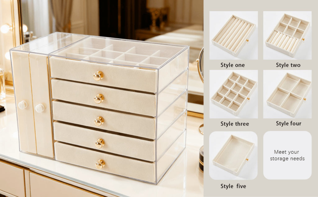 Caja de almacenamiento de joyas de gran capacidad con cajones y puerta lateral transparente, organizador multicapa para aretes, collares, anillos y pulseras, elegante solución de almacenamiento para tocador, joyeros