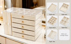Caja de almacenamiento de joyas de gran capacidad con cajones y puerta lateral transparente, organizador multicapa para aretes, collares, anillos y pulseras, elegante solución de almacenamiento para tocador, joyeros
