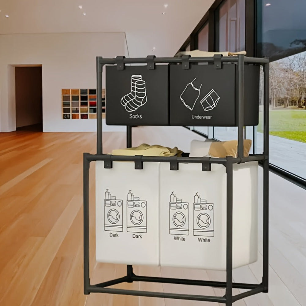 Cesta de Ropa Plegable Doble Capa con 4 Bolsas Desmontables, Cesto Multifuncional Ahorrador de Espacio, Material Duradero, Diseño Enrollable, Fácil Instalación, Color Moderno, Ideal para Dormitorio, Baño y Cocina, Esenciales para el Hogar,Organizador Mult