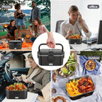Esta lonchera cuenta con una potencia de 80W y una capacidad de 1.8 litros, lo que la hace ideal para comidas de adultos. Es una lonchera térmica portátil y diseñada para calentar alimentos en cualquier lugar. Incluye una bolsa térmica y un juego de cubie