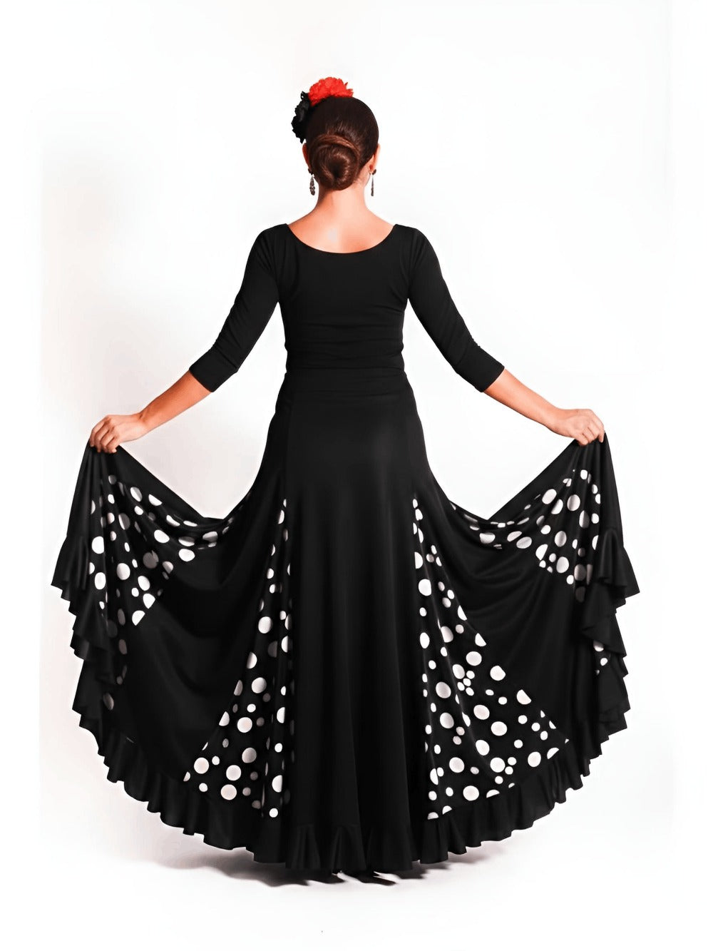 Falda flamenca de tiro alto (bajo pecho) negra con lunares rojos o blancos | Cintura elástica adaptable