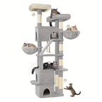 Rascador para Gatos Grande de 185 cm con 6 Postes para Rascar, 3 Cuevas, 2 Plataformas de Observación, 2 Cestas, 4 Pelotas de Peluche, Rascador Multinivel para Gatos