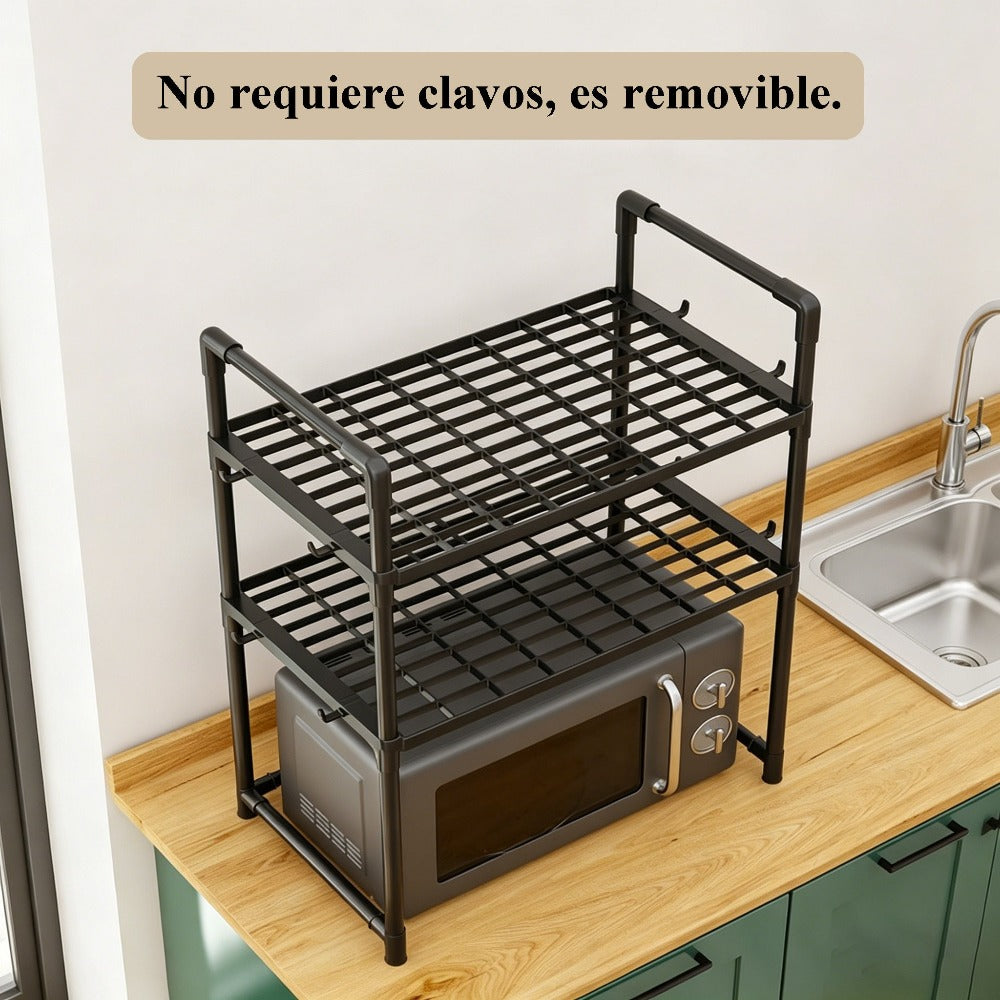2/3 Niveles Soporte para microondas para encimera, Rejilla Para Horno Microondas Metal, Soporte Para Microondas Y Horno Cocina Con 4/8 Ganchos, Tiendas de condimentos, Adecuado para cocinas (Blanco / Negro)