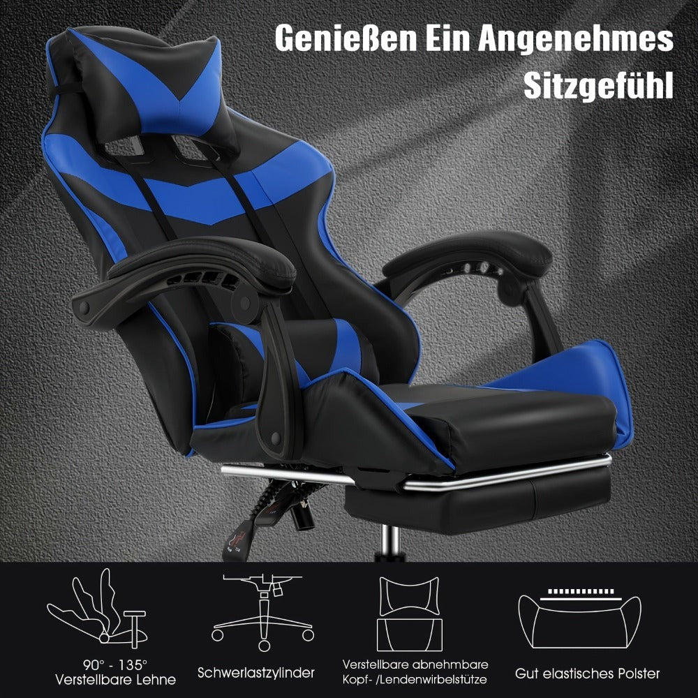 Silla Gaming con Reposapiés, Silla Gaming Ergonómica, Silla de Ordenador con Soporte Lumbar, Reposacabezas, Sillas de PC Ajustables en Altura con Asiento Giratorio de 360° para Oficina o Gaming