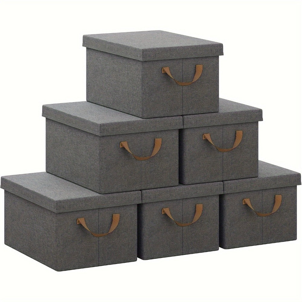 6 piezas de caja de almacenamiento con tapa, cajas de tela, cesta de almacenamiento con asas, cubo de almacenamiento, caja plegable para ropa, juguetes, caja plegable gris