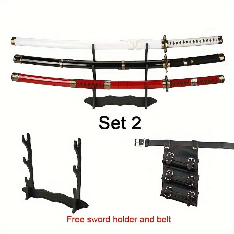 3 Piezas Set de Espadas Anime, Hoja de Bambú Segura No Afilada, Accesorio de Cosplay, Katana Espada Samurái, Regalo de Halloween y Navidad, Cinturón y Soporte para Espada