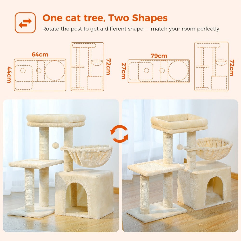 Árbol para Gatos Pequeños de Pawz Road para Interiores - Centro de Actividades Convertible 2-en-1 con Postes Rascadores, Hamaca de Peluche y Percha Superior Desmontable, Diseño Robusto Ahorrador de Espacio para Gatitos, Gris y Beige, Árbol Lindo para Gato