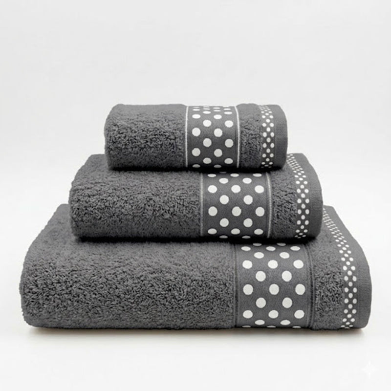 Juego de Toallas de Algodón 100% (3 Piezas) - Incluye Toalla de Tocador, Lavabo y Ducha | Tacto Suave, Ultra Absorbentes con Diseño Elegante de Lunares | Set Premium para Baño