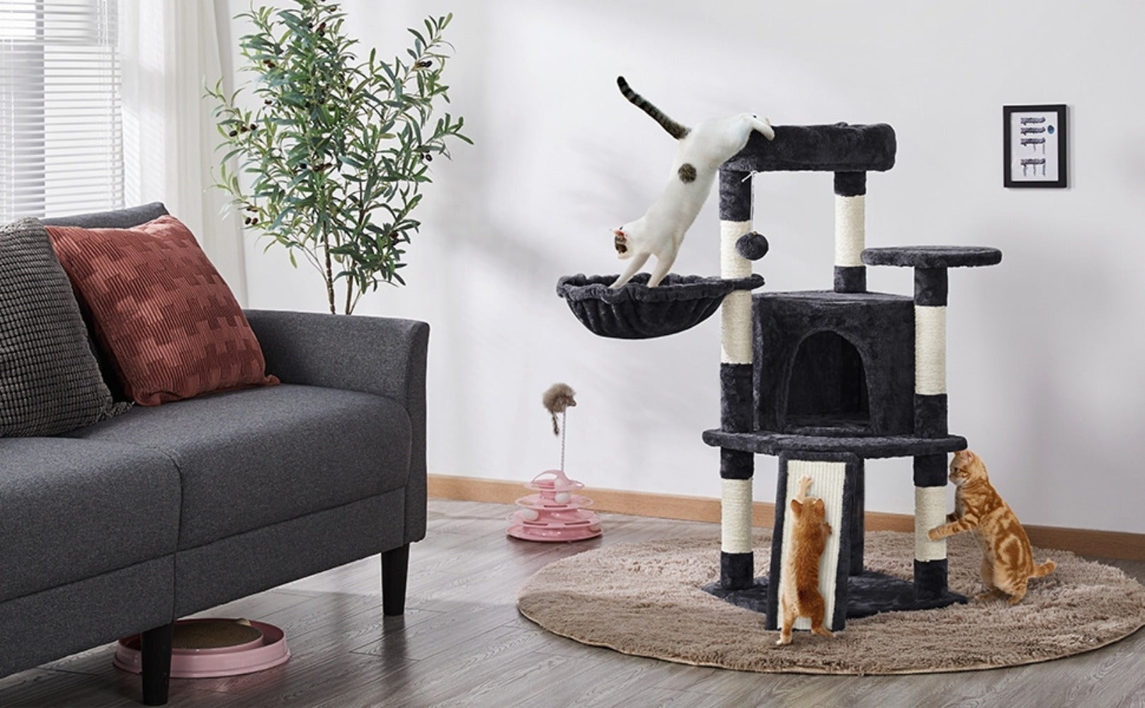 Costoffs Árbol para gatos de 107 cm con plataforma de observación, cueva para gatos, 5 postes de sisal, cueva de descanso, rascador y bola de felpa colgante, mueble para gatos
