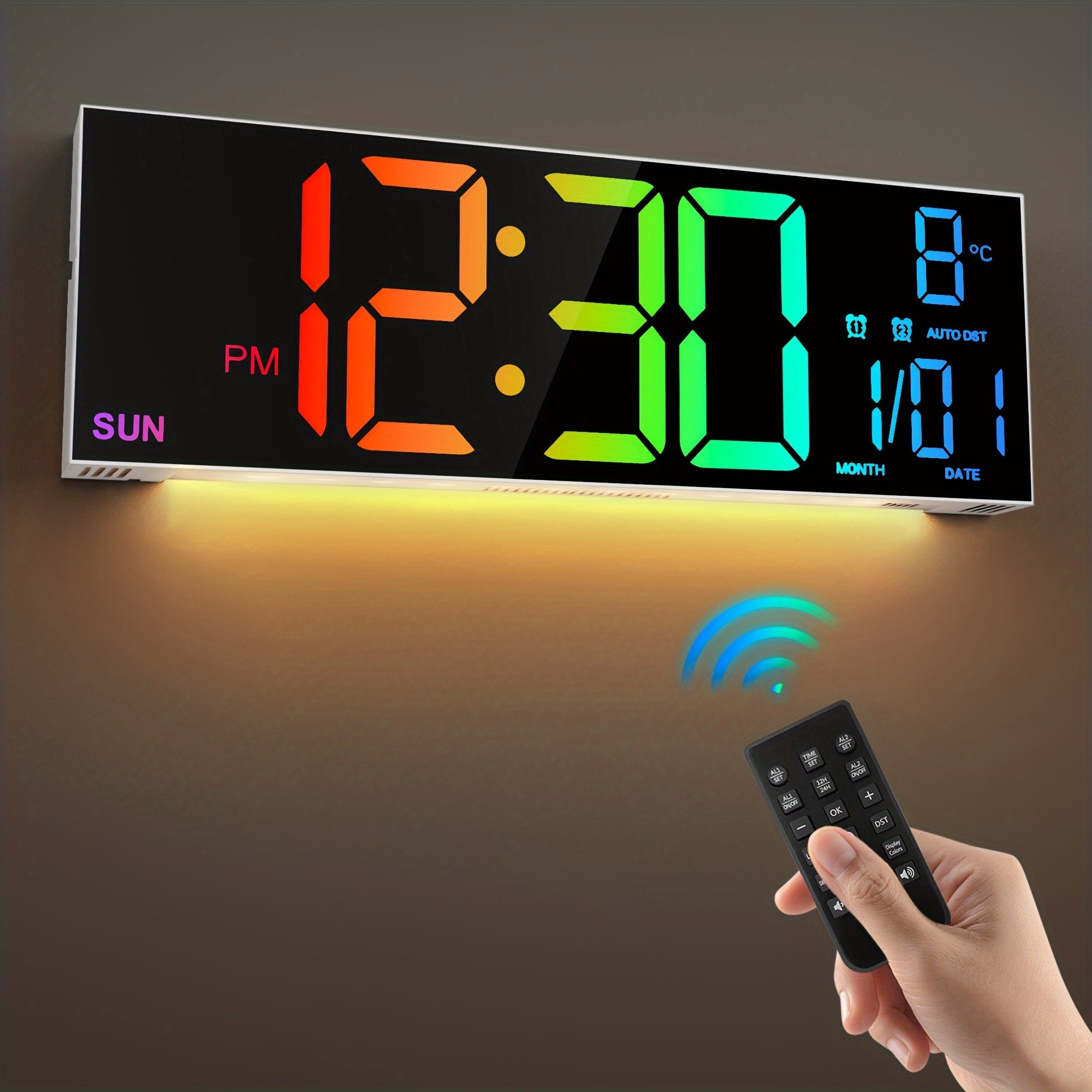 Reloj de pared digital grande de 41.91 cm con control remoto, LED grande/doble alarma/8 colores RGB/brillo automático/fecha/DST automático/temperatura/luz nocturna Relojes de gimnasio para decoración de pared de sala de estar, dormitorio y oficina