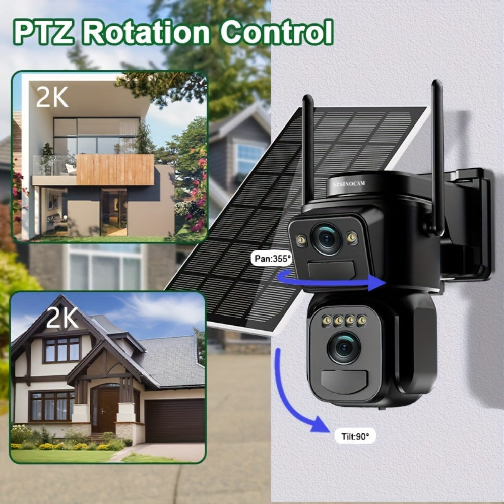 SZSINOCAM [Zoom 10x] Cámara CCTV WiFi 2K QHD de 360 grados con batería de panel solar de bajo consumo, alarma con foco, detección de movimiento, visión nocturna a color, audio bidireccional, un dispositivo = dos cámaras (cámara solar tipo bala + cámara so