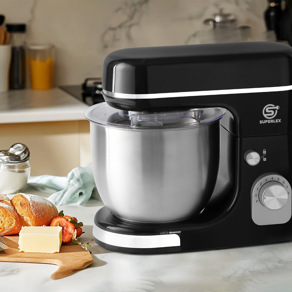 SUPERLEX Batidora de Pie 3 en 1 de 5L con 8 Velocidades, Máquina de Cocina con Función Pulse, Gancho para Masa, Batidor y Batidor de Huevos para Hornear Pasteles y Pan