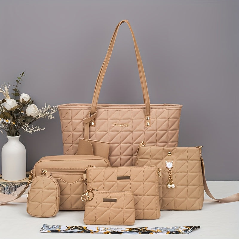 Bolso Tote de Rombo Elegante Juego de Siete Piezas | Juego Versátil de Dos Piezas con Bolso Bandolera, Bolso de Hombro, Bolso Cubo, Clutch | Bolso Tote Casual Multifuncional de Gran Capacidad | Decoración Clásica con Herrajes | Ideal para Viajes y Salidas