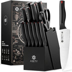 Juego de cuchillos Asety, juego de 15 cuchillos de cocina con bloque afilador incorporado, juego de bloque de cuchillos de acero inoxidable de alto carbono, seguro para alimentos NSF, juegos de cuchillos aptos para lavavajillas para la cocina, elegantes a